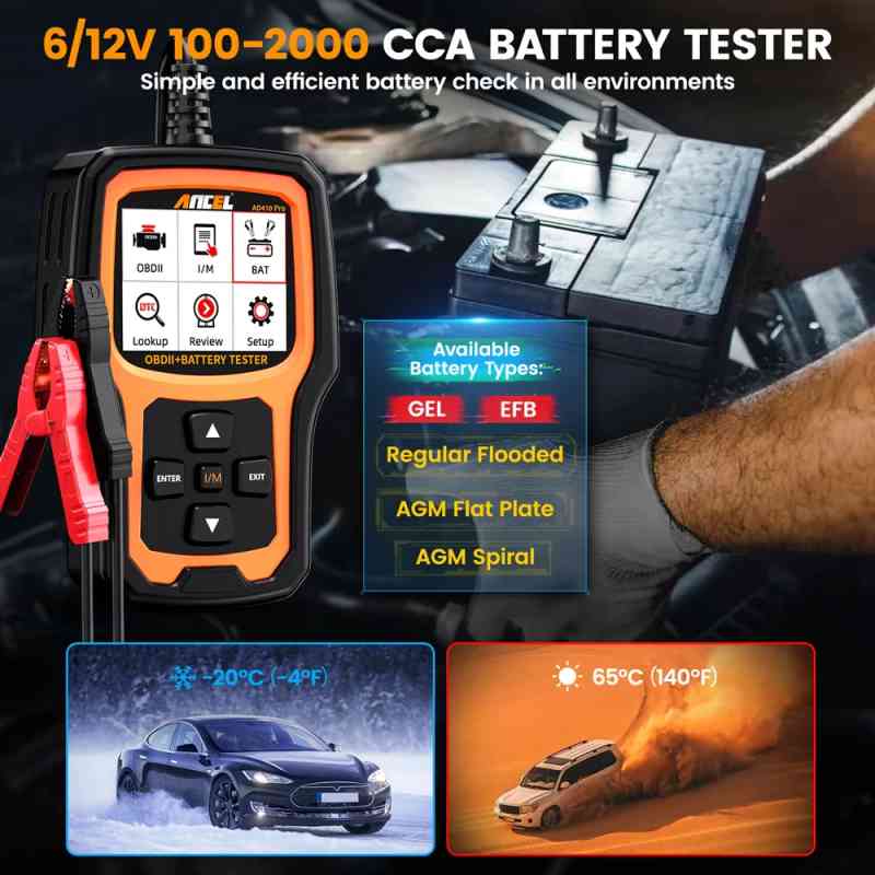 Ancel Battery Tester AD410 PRO and OBD2 Code Reader 2 in 1