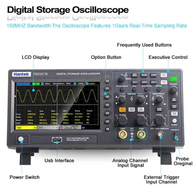 Oscilloscope Hantek DS02C10 | 2CH+1CH | 100MHz | 1GSa/s | 8M Storage | Dilengkapi Signal Generator